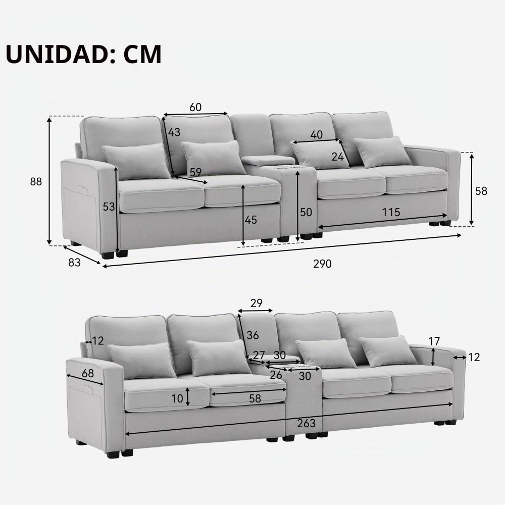 Lubvtti Sofá moderno de 4 plazas con bolsillos para reposabrazos y 4 cojines, con consola, 2 portavasos y 2 enchufes USB, de lino, adecuado para muchas ocasiones (Dark Gris+USB)
