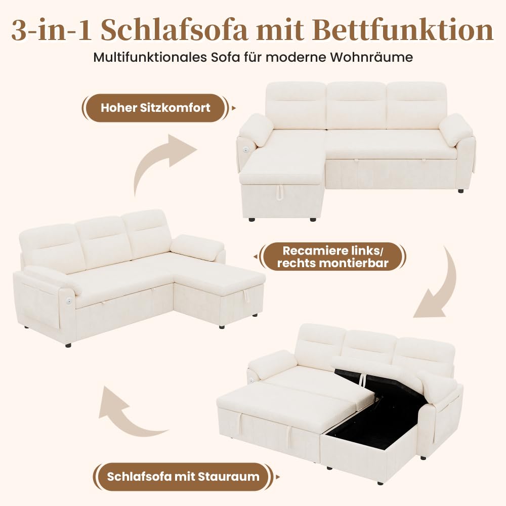 Bladez Sofá cama extensible en forma de L de lino con espacio de almacenamiento, soporte para bebidas, sofá modular de 3 plazas para salón (gris)