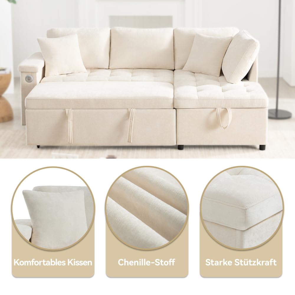 Sofá esquinero extensible en forma de L con puerto USB y portavasos, sofá cama de 4 plazas con función cama, sofá convertible con espacio de almacenamiento y reposabrazos, cojines, chenilla