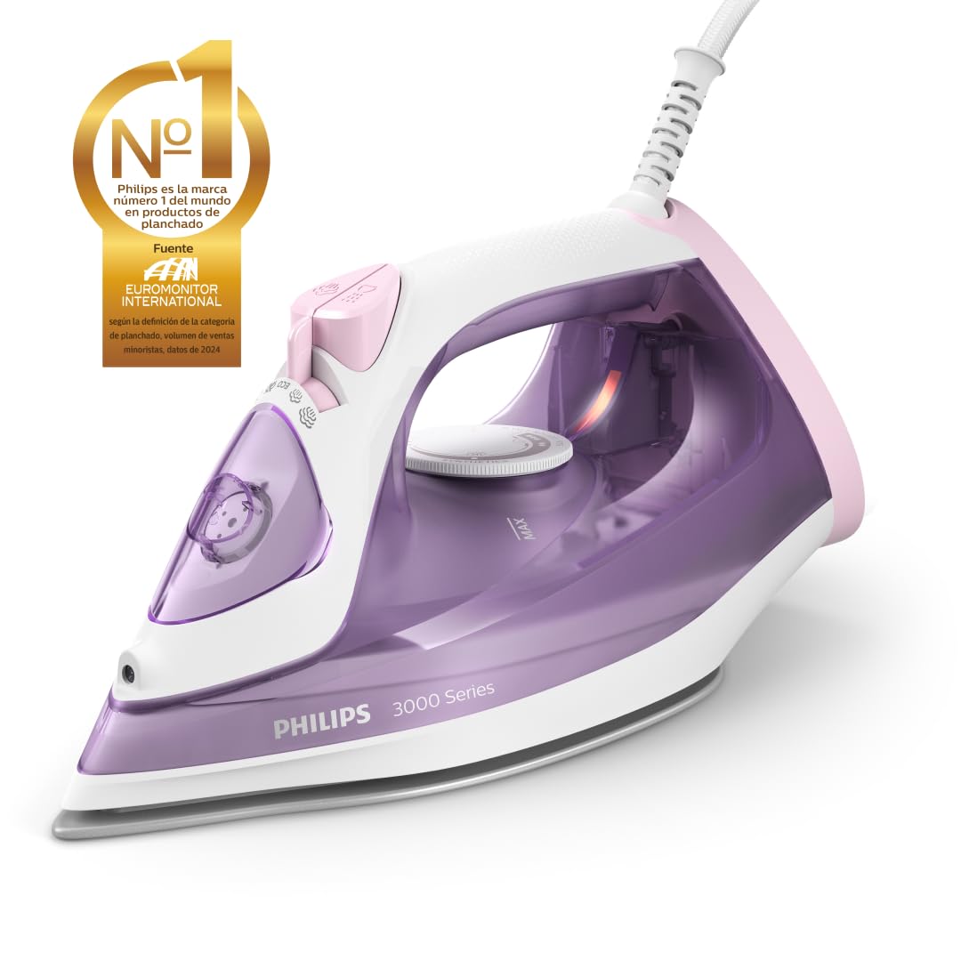 Philips Serie 5000 Plancha de Vapor, 2400W de Potencia, 45g/min, Golpe de Vapor 180g, Vapor Vertical, Suela SteamGlide Plus, Negro/Púrpura (DST5030/80)