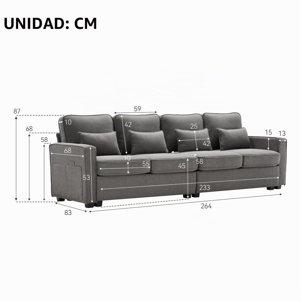 Lubvtti Sofá moderno de 4 plazas con bolsillos para reposabrazos y 4 cojines, con consola, 2 portavasos y 2 enchufes USB, de lino, adecuado para muchas ocasiones (Dark Gris+USB)