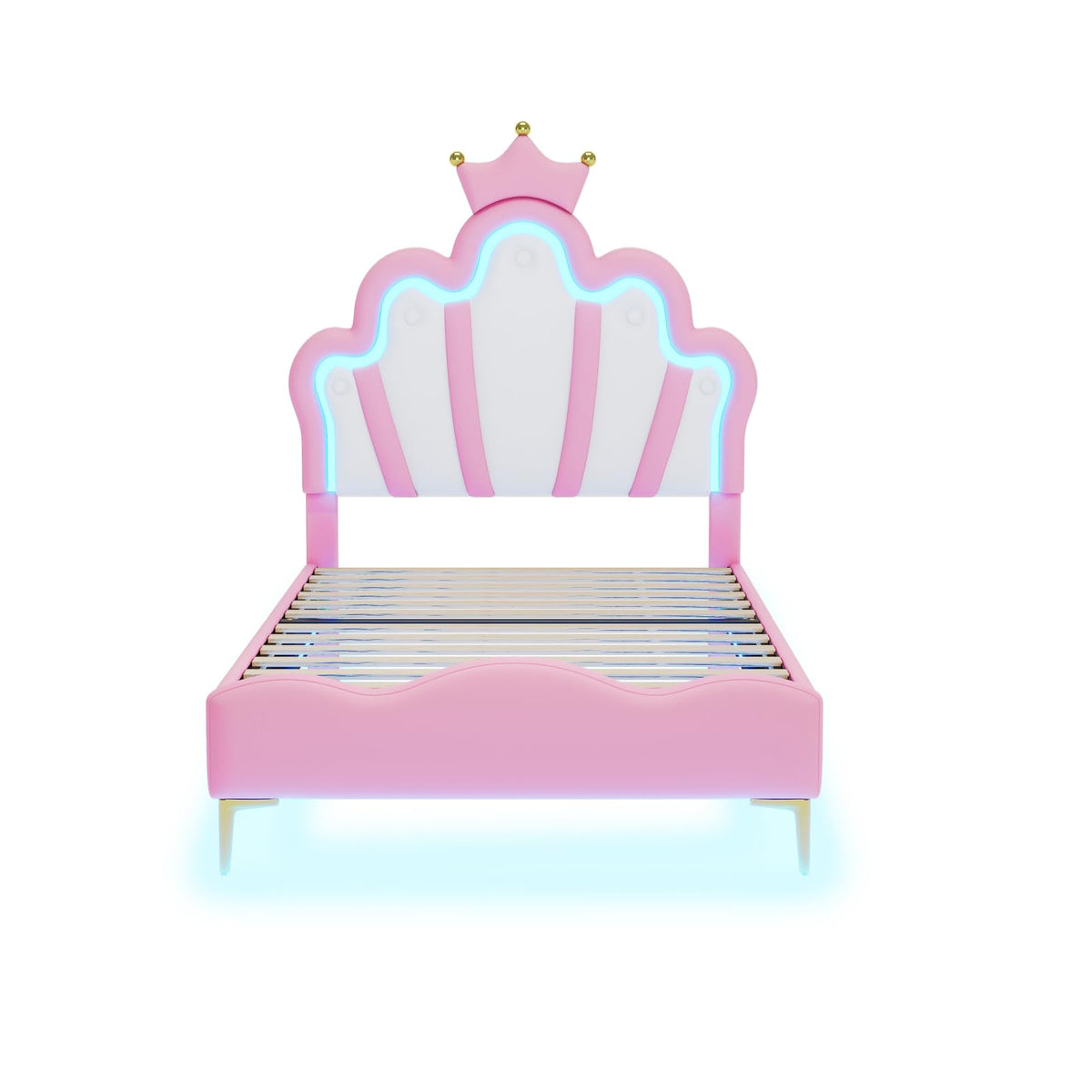 Cama Infantil tapizada 140 x 200 cm con LED, Cama tapizada para niños 140 x 200 con cabecera Ajustable Marco de Camas, Camas de Princesa para Niña en Forma de Corona con Somier(Rosa, 140 x 200)