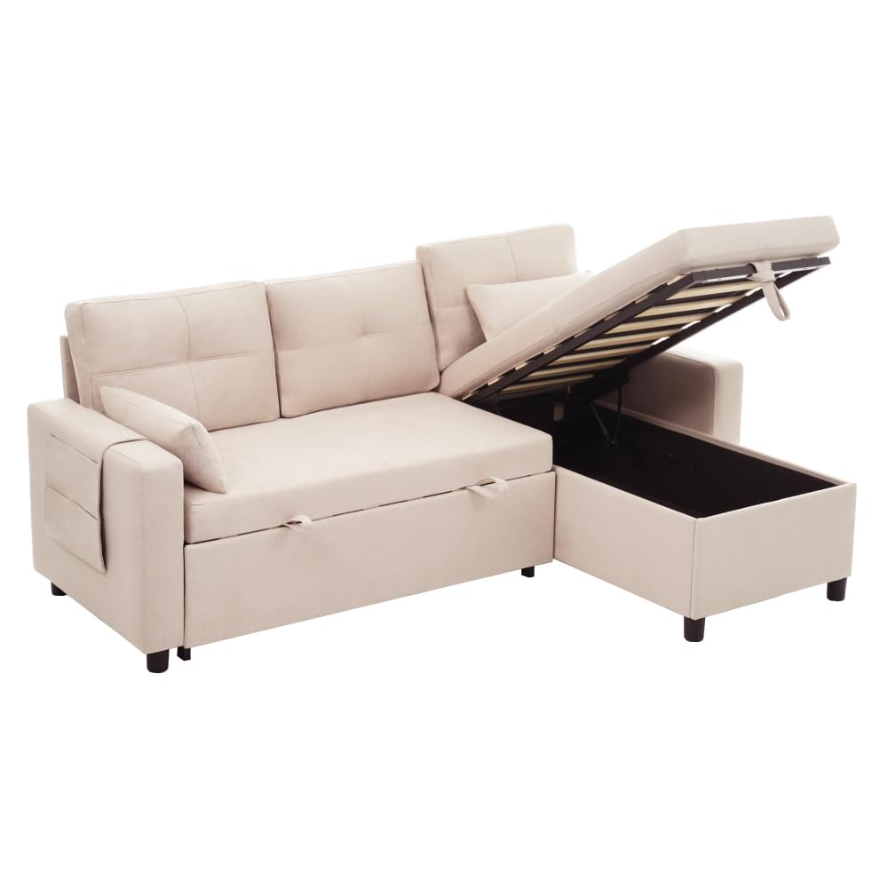 Sofá esquinero extensible en forma de L con puerto USB y portavasos, sofá cama de 4 plazas con función cama, sofá convertible con espacio de almacenamiento y reposabrazos, cojines, chenilla