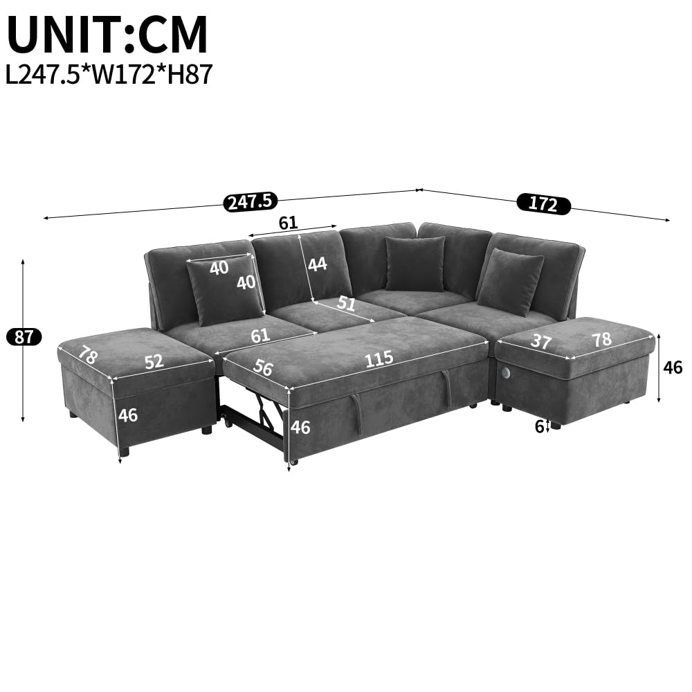 Sapgaks Sofá de esquina convertible de 6 plazas con USB, sofá convertible de 6 plazas, sofá de 6 plazas, en chenilla, con apoyabrazos en forma de librería, puf extraíble para configuraciones en L y en