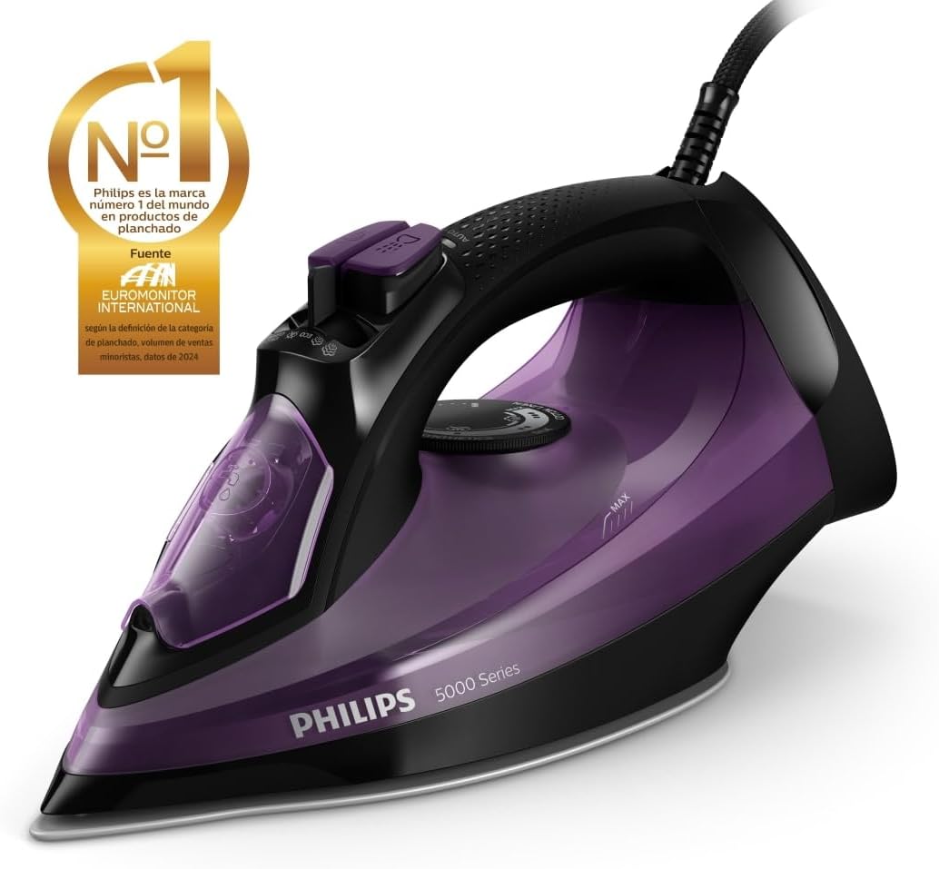 Philips Serie 5000 Plancha de Vapor, 2400W de Potencia, 45g/min, Golpe de Vapor 180g, Vapor Vertical, Suela SteamGlide Plus, Negro/Púrpura (DST5030/80)