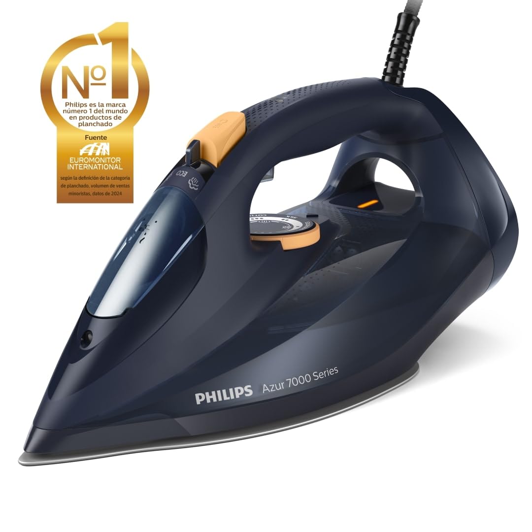 Philips Azur Series 7000 Plancha de vapor - 2800 W, 50 g/min de vapor continuo, 250g de golpe de vapor, vapor vertical, suela SteamGlide Plus, Louros/Algodón Azul (DST7020/20)