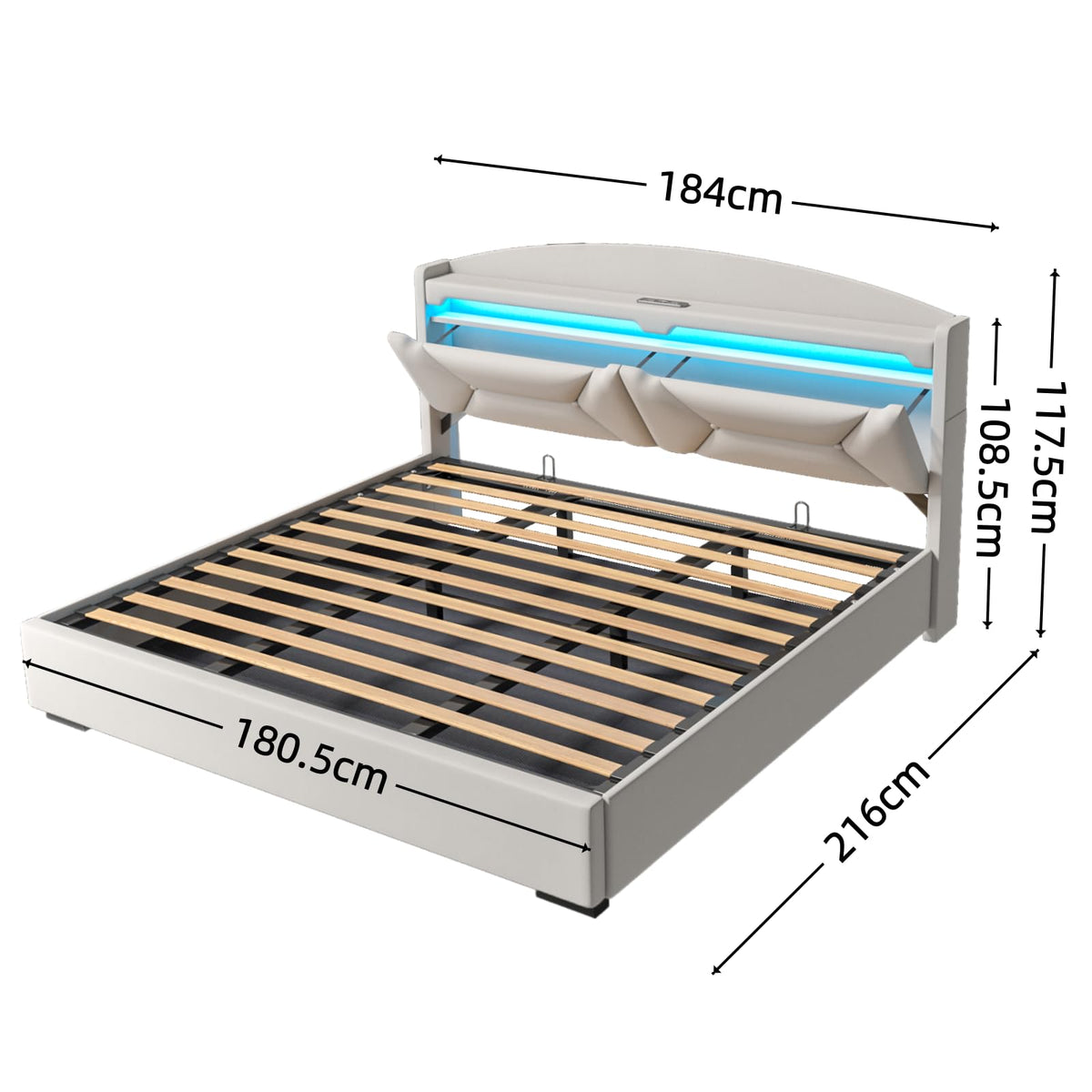 Cama 90x200 cm con Almacenamiento, Cama Individual con LED, Puertos USB y Type-C, Somier 90x200 Hidráulico, Camas Juveniles Camas Infantiles con Cabecero, Lino, Beige, Colchón No Incluido