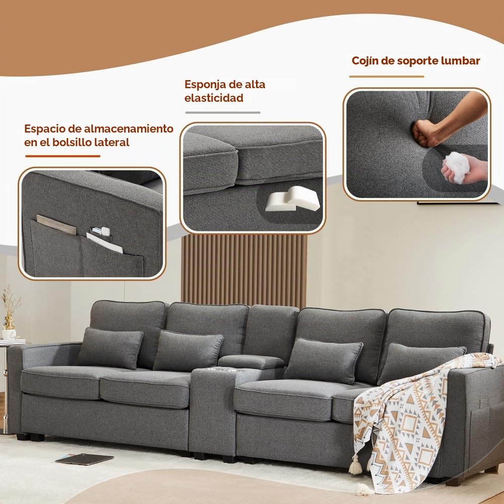 Lubvtti Sofá moderno de 4 plazas con bolsillos para reposabrazos y 4 cojines, con consola, 2 portavasos y 2 enchufes USB, de lino, adecuado para muchas ocasiones (Dark Gris+USB)