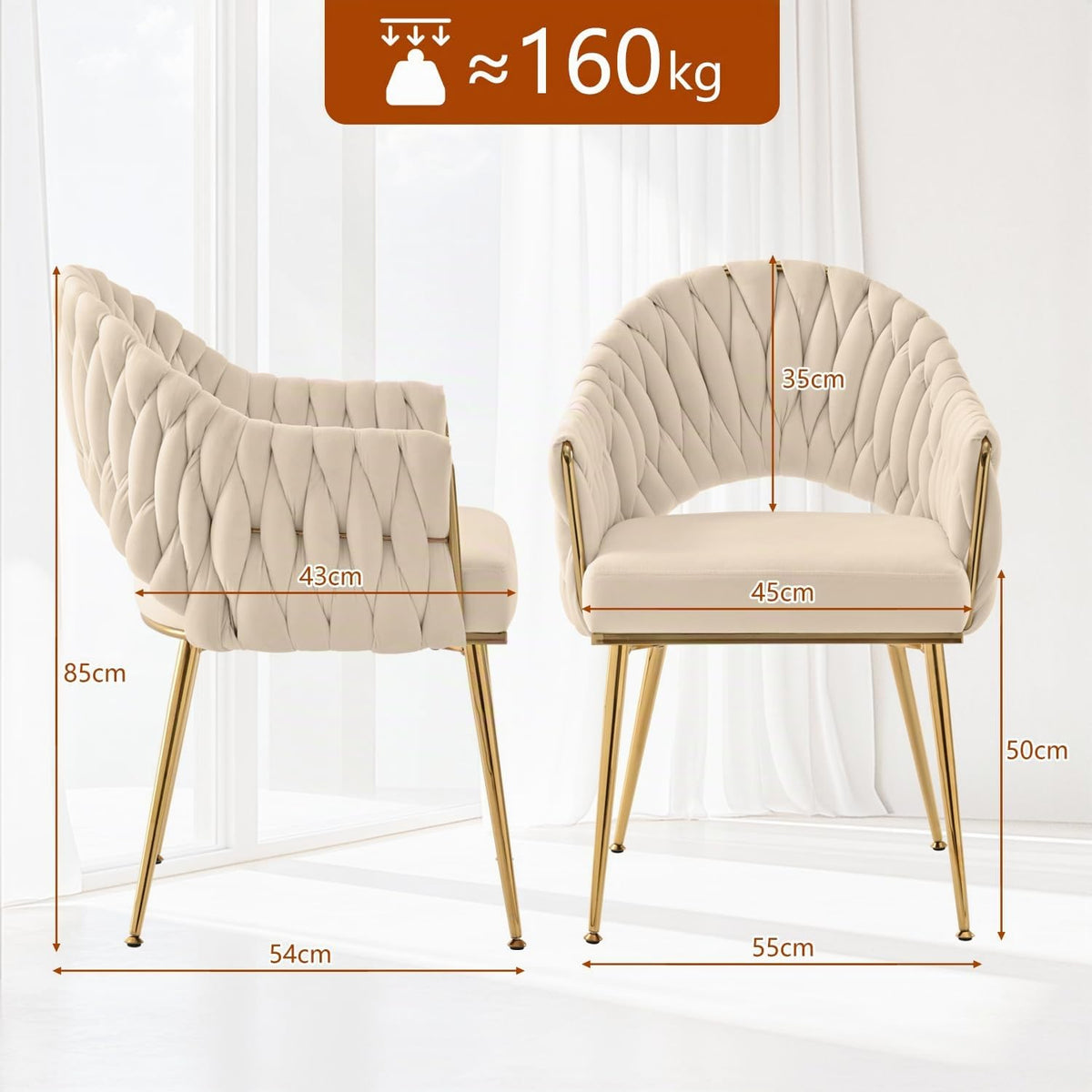 Juego de 4 sillas de comedor de terciopelo, sillones de salón, sillas de comedor con reposabrazos, sillas de cocina con respaldo alto trenzado a mano, silla de tocador con patas doradas