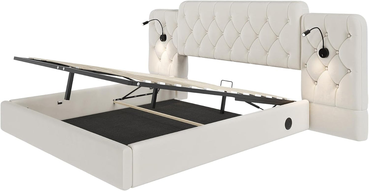 Estructura de cama con cabecero largo, 180 x 200 cm, material de terciopelo moderno, varios puertos USB, lámpara de escritorio, sistema hidráulico, espacio de almacenamiento extra grande en la