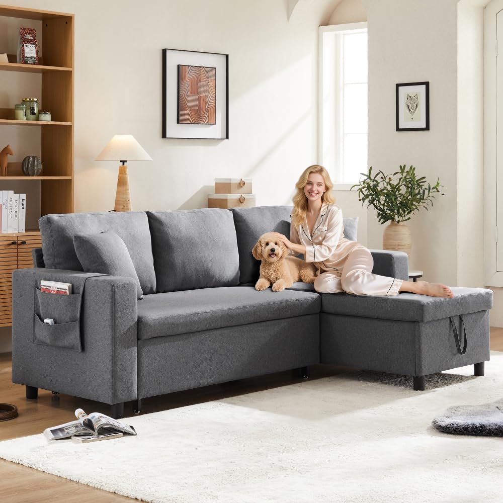 Sofá esquinero extensible en forma de L con puerto USB y portavasos, sofá cama de 4 plazas con función cama, sofá convertible con espacio de almacenamiento y reposabrazos, cojines, chenilla