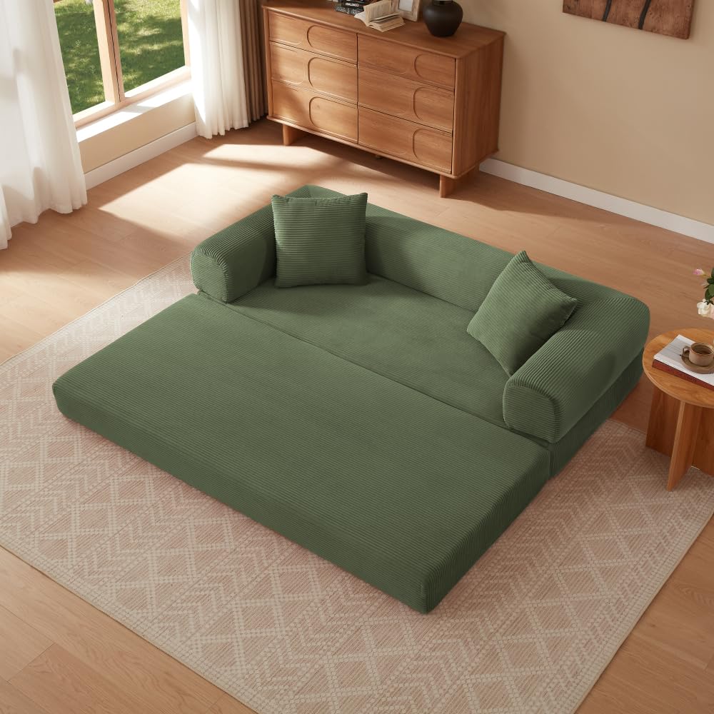 Sapgaks Sofá Convertible, Sofá Cama, Sofá 2 Plazas sin Marco, Sofá Plegable de Compresión, Diseño Cuadrado Clásico, No requiere Montaje (Verde-1)