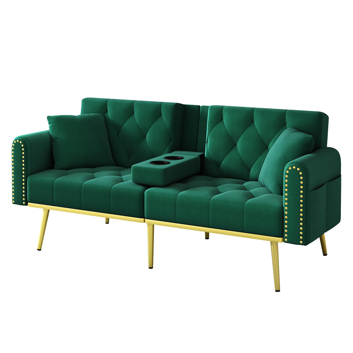 Azkoeesy Sofá cama de 2 plazas con soporte para bebidas, 175 cm, sofá cama con función de dormir, respaldo ajustable en 3 posiciones, patas metálicas doradas y remaches, para sala de estar y cine en