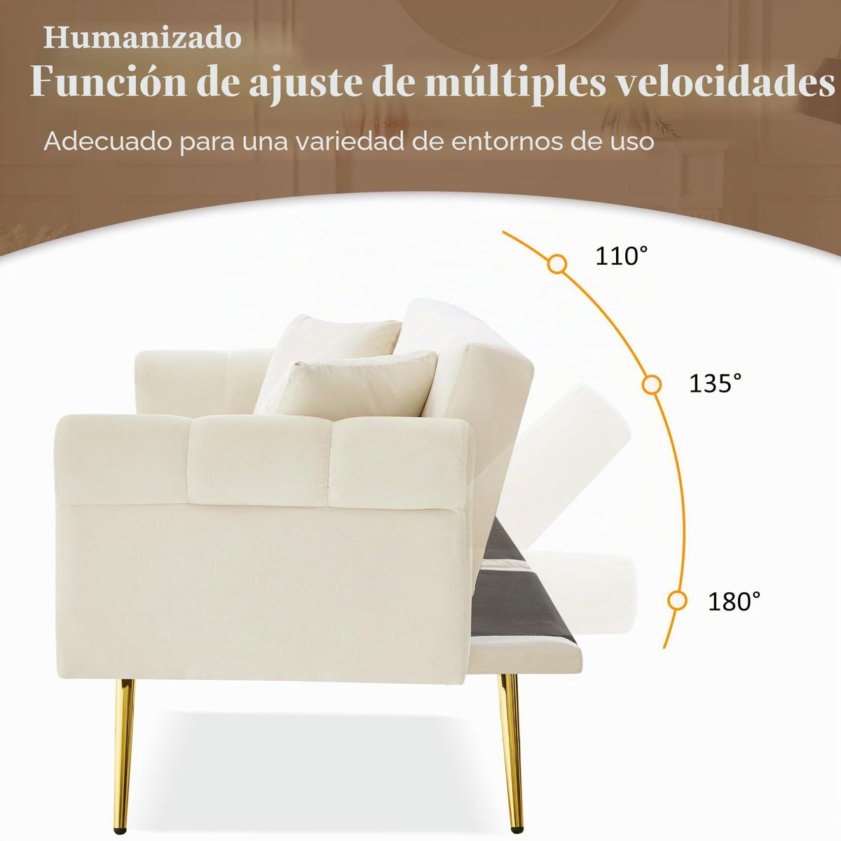 Sofá cama con esquinas ajustables, patas doradas, almohadas y bolsillos laterales para almacenamiento (Bavia)