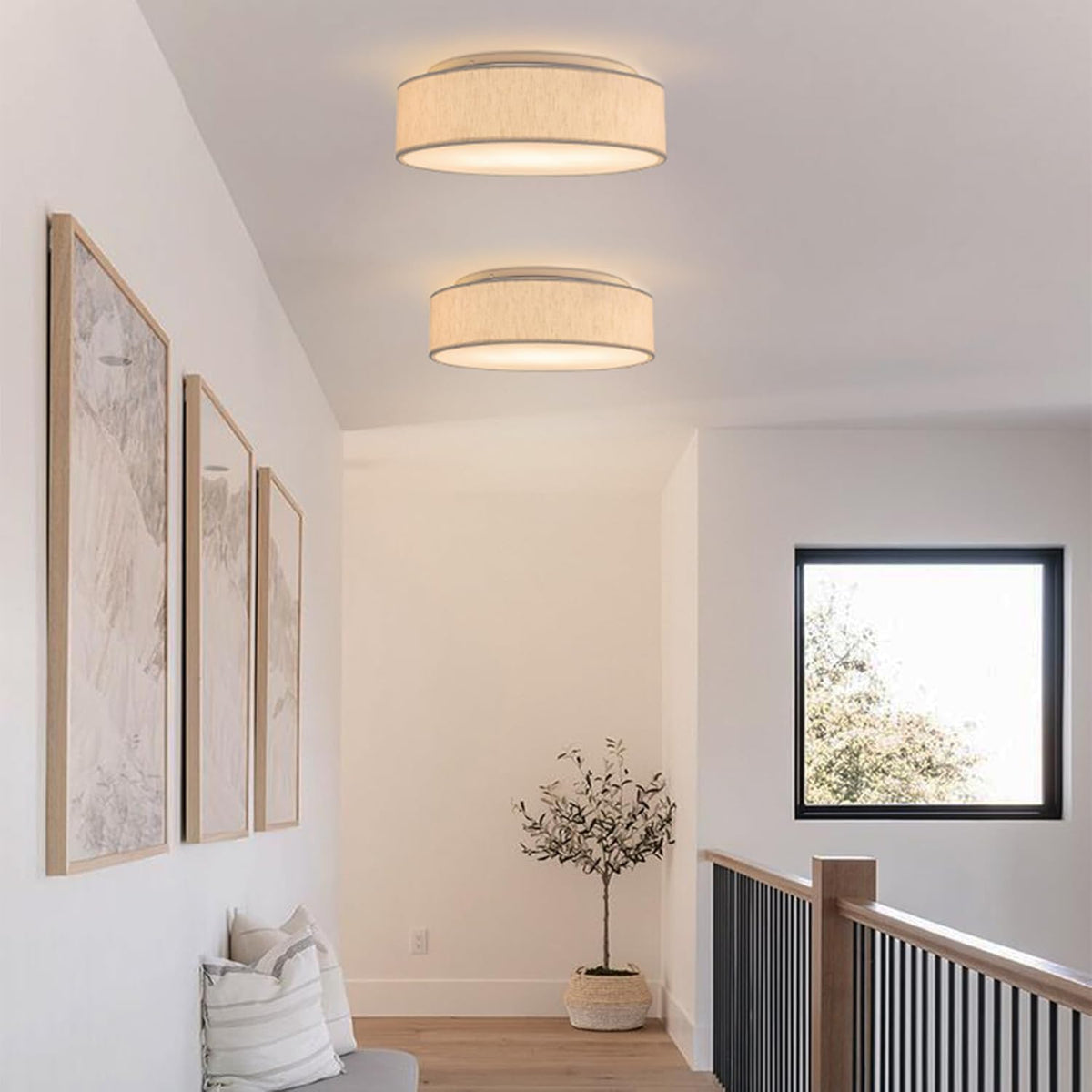 Plafón de Techo Redondo de Tela 38 cm, Pantalla Textil con 2 Casquillo E27 (40W máx.) Lámpara de Techo para Salón, Dormitorio, Pasillo o Habitación Infantil,Sin bombilla (Taupe, 38)