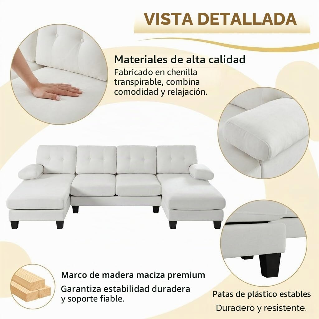 Sofá modular de 6 plazas, sofá esquinero en forma de L/U, puertos USB/tipo C, portavasos y espacio de almacenamiento, tela de chenilla, 7 cojines, salón, dormitorio y oficina, color beige