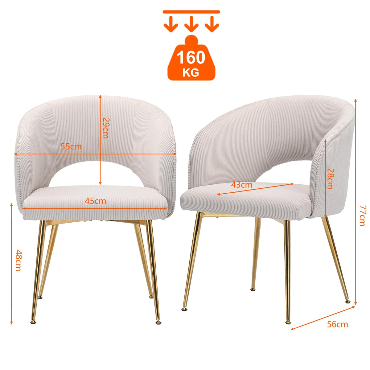 Juego de 6 sillas de comedor de terciopelo, sillas tapizadas con reposabrazos, patas doradas, sillas de cocina, para salón, dormitorio, oficina (6, blanco crema)