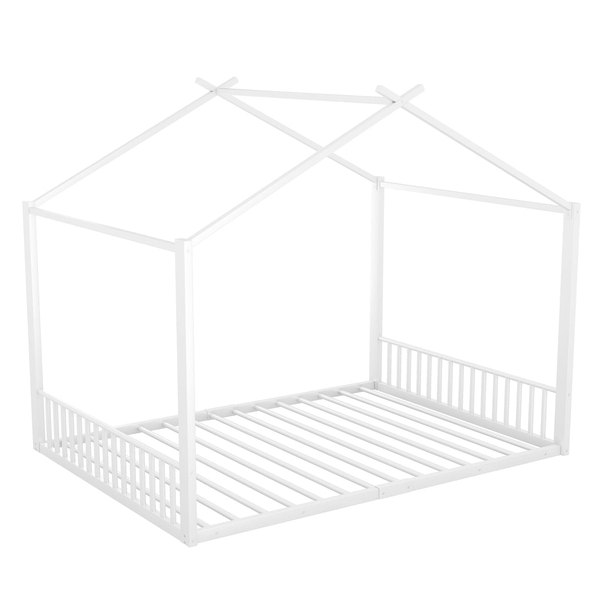 Cama infantil de 90 x 200 cm, dos camas de 90 cm con protección anticaídas, cama doble con modelado de casa, marco de hierro, color blanco, ideal para 2 niños