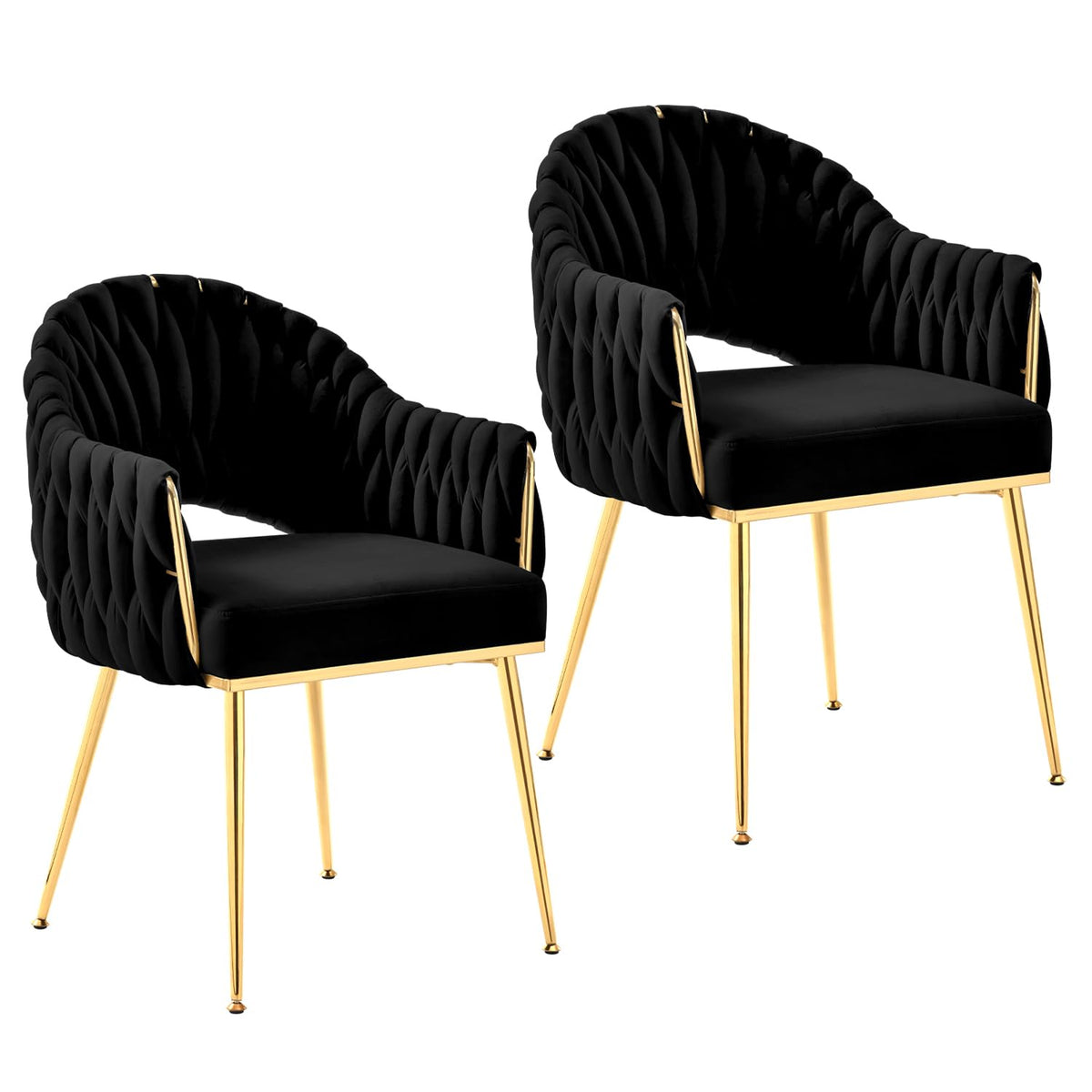 Juego de 4 sillas de comedor de terciopelo, sillones de salón, sillas de comedor con reposabrazos, sillas de cocina con respaldo alto trenzado a mano, silla de tocador con patas doradas