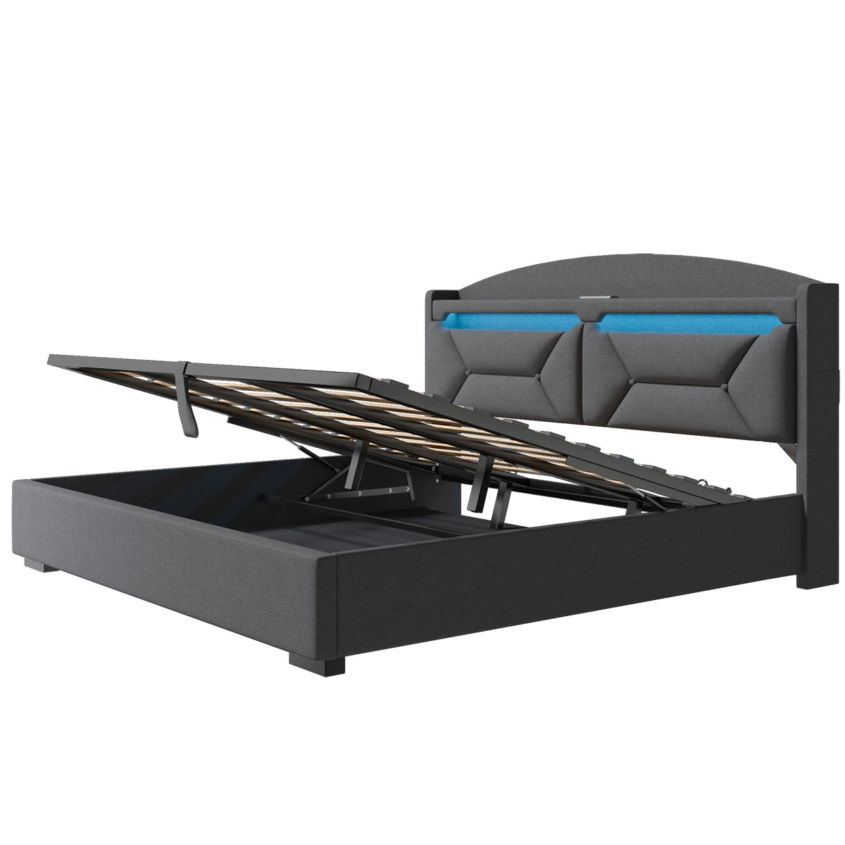 Cama 90x200 cm con Almacenamiento, Cama Individual con LED, Puertos USB y Type-C, Somier 90x200 Hidráulico, Camas Juveniles Camas Infantiles con Cabecero, Lino, Beige, Colchón No Incluido