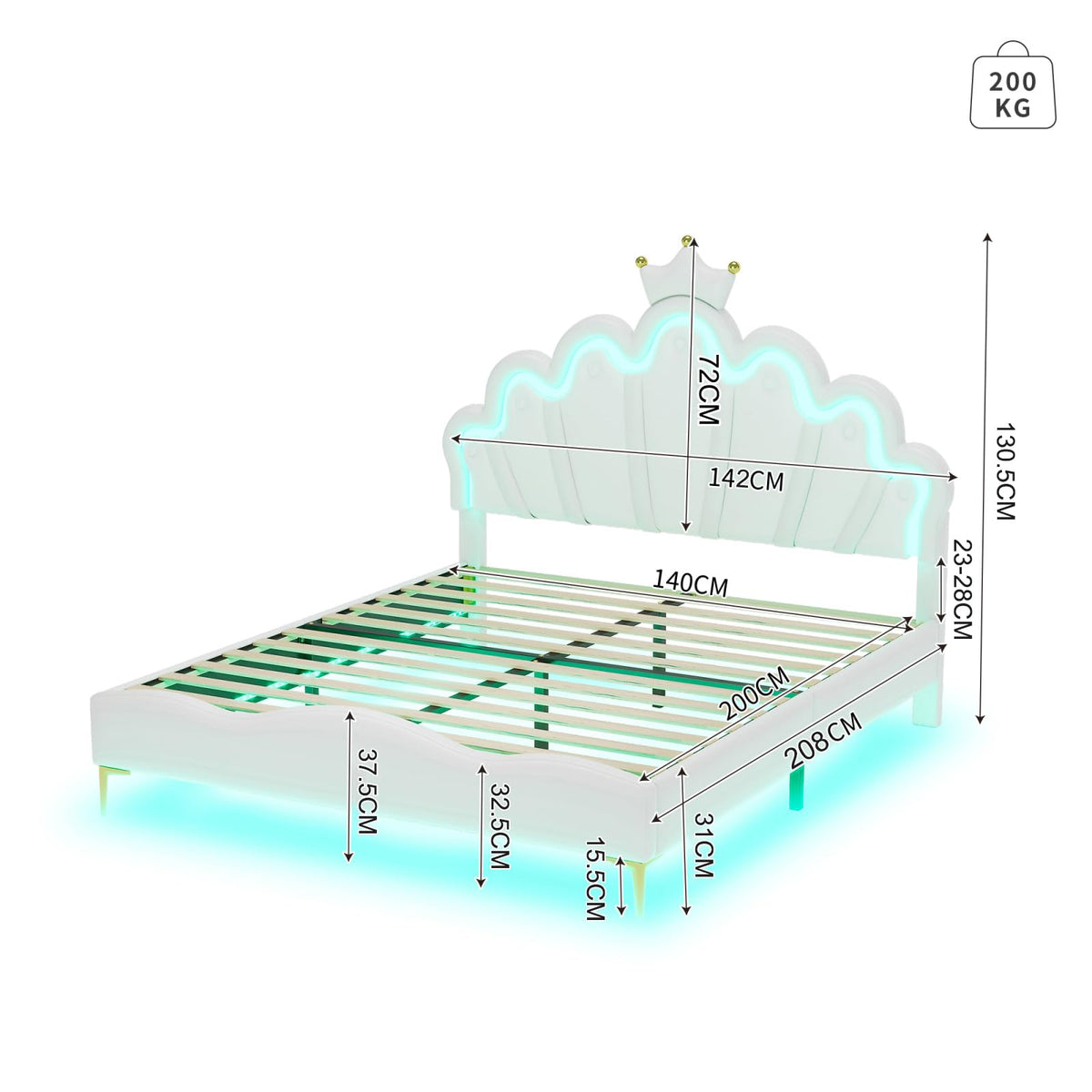 Cama Infantil tapizada 140 x 200 cm con LED, Cama tapizada para niños 140 x 200 con cabecera Ajustable Marco de Camas, Camas de Princesa para Niña en Forma de Corona con Somier(Rosa, 140 x 200)