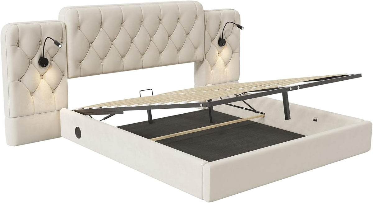 Estructura de cama con cabecero largo, 180 x 200 cm, material de terciopelo moderno, varios puertos USB, lámpara de escritorio, sistema hidráulico, espacio de almacenamiento extra grande en la