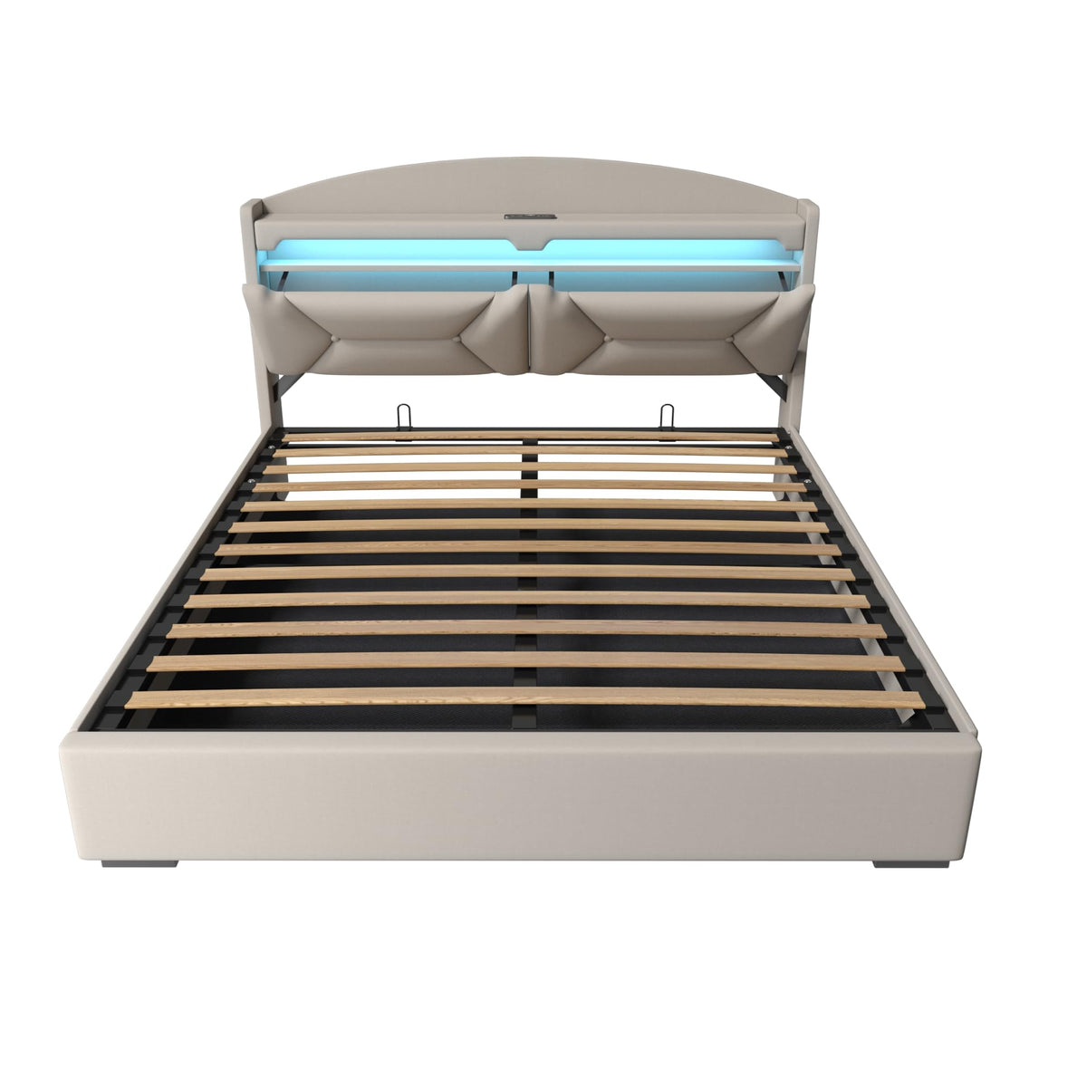 Cama 90x200 cm con Almacenamiento, Cama Individual con LED, Puertos USB y Type-C, Somier 90x200 Hidráulico, Camas Juveniles Camas Infantiles con Cabecero, Lino, Beige, Colchón No Incluido