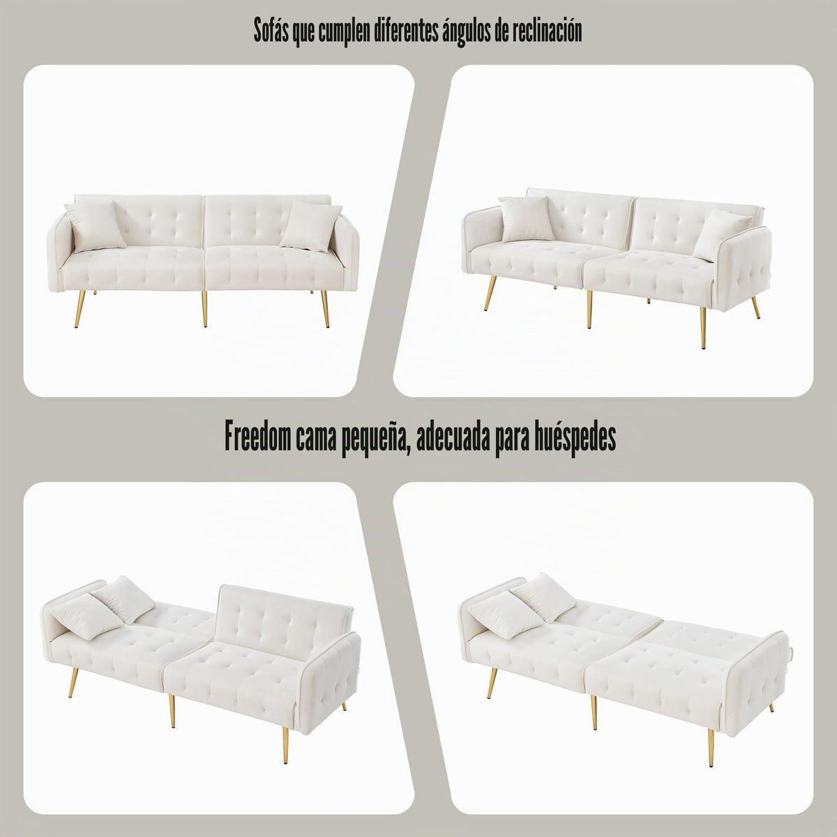 Sofá cama con esquinas ajustables, patas doradas, almohadas y bolsillos laterales para almacenamiento (Bavia)