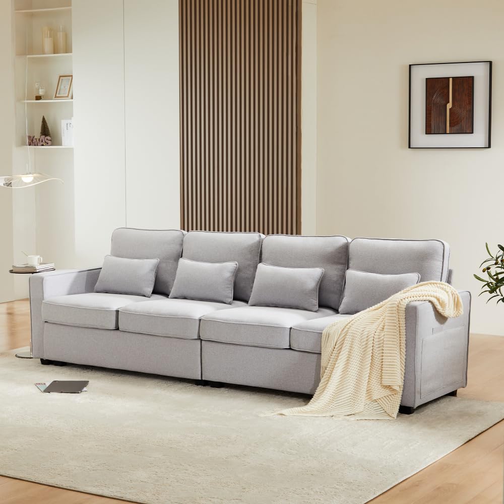 Lubvtti Sofá moderno de 4 plazas con bolsillos para reposabrazos y 4 cojines, con consola, 2 portavasos y 2 enchufes USB, de lino, adecuado para muchas ocasiones (Dark Gris+USB)