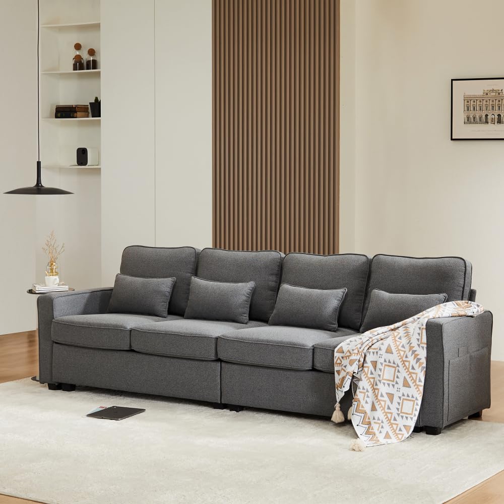 Lubvtti Sofá moderno de 4 plazas con bolsillos para reposabrazos y 4 cojines, con consola, 2 portavasos y 2 enchufes USB, de lino, adecuado para muchas ocasiones (Dark Gris+USB)