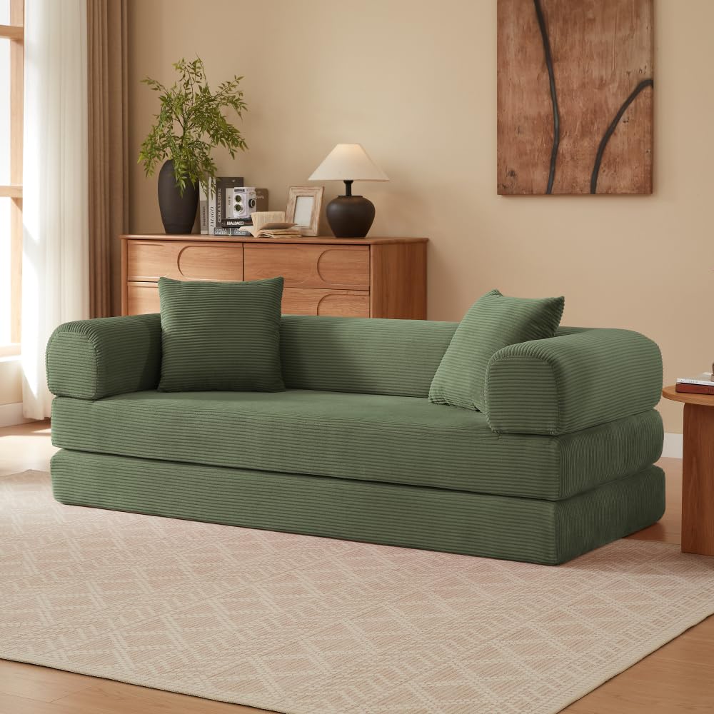 Sapgaks Sofá Convertible, Sofá Cama, Sofá 2 Plazas sin Marco, Sofá Plegable de Compresión, Diseño Cuadrado Clásico, No requiere Montaje (Verde-1)