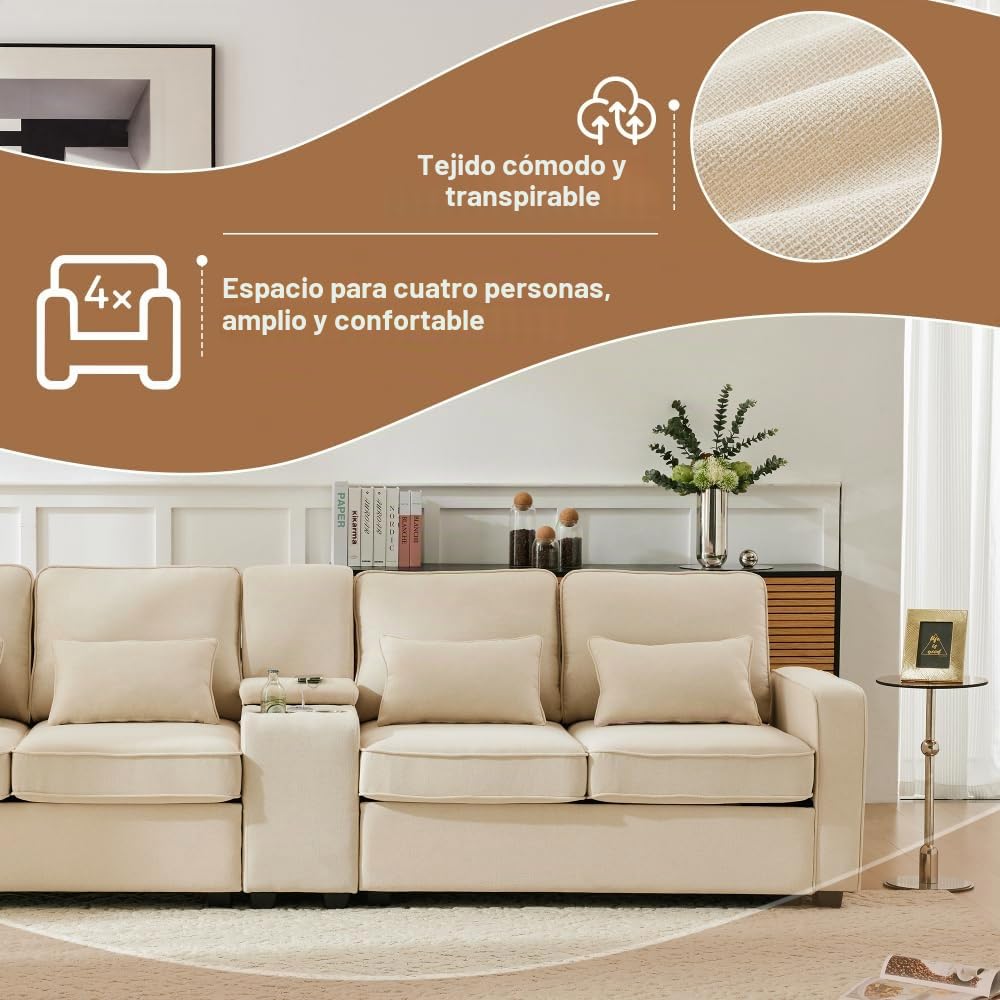 Lubvtti Sofá moderno de 4 plazas con bolsillos para reposabrazos y 4 cojines, con consola, 2 portavasos y 2 enchufes USB, de lino, adecuado para muchas ocasiones (Dark Gris+USB)