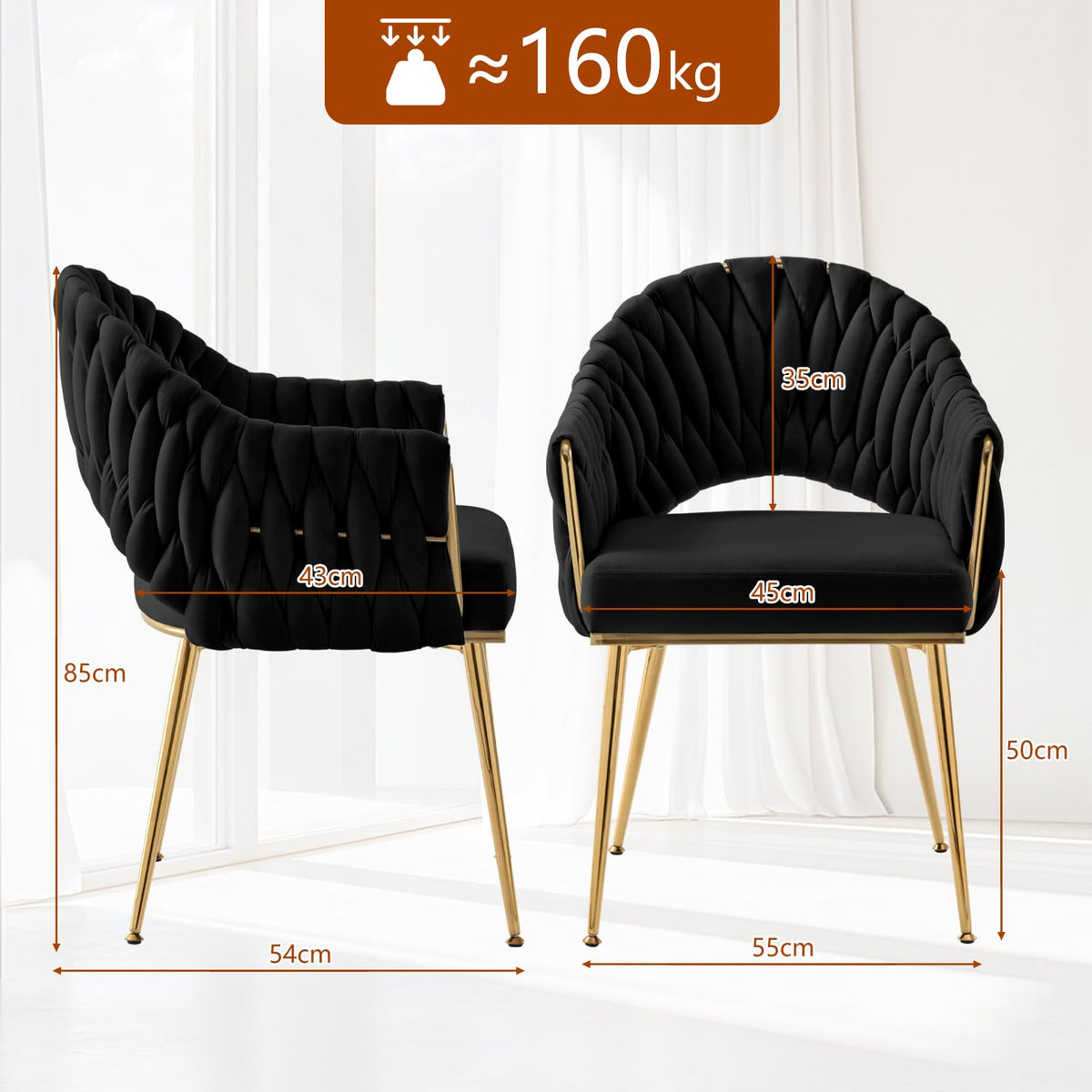 Juego de 4 sillas de comedor de terciopelo, sillones de salón, sillas de comedor con reposabrazos, sillas de cocina con respaldo alto trenzado a mano, silla de tocador con patas doradas