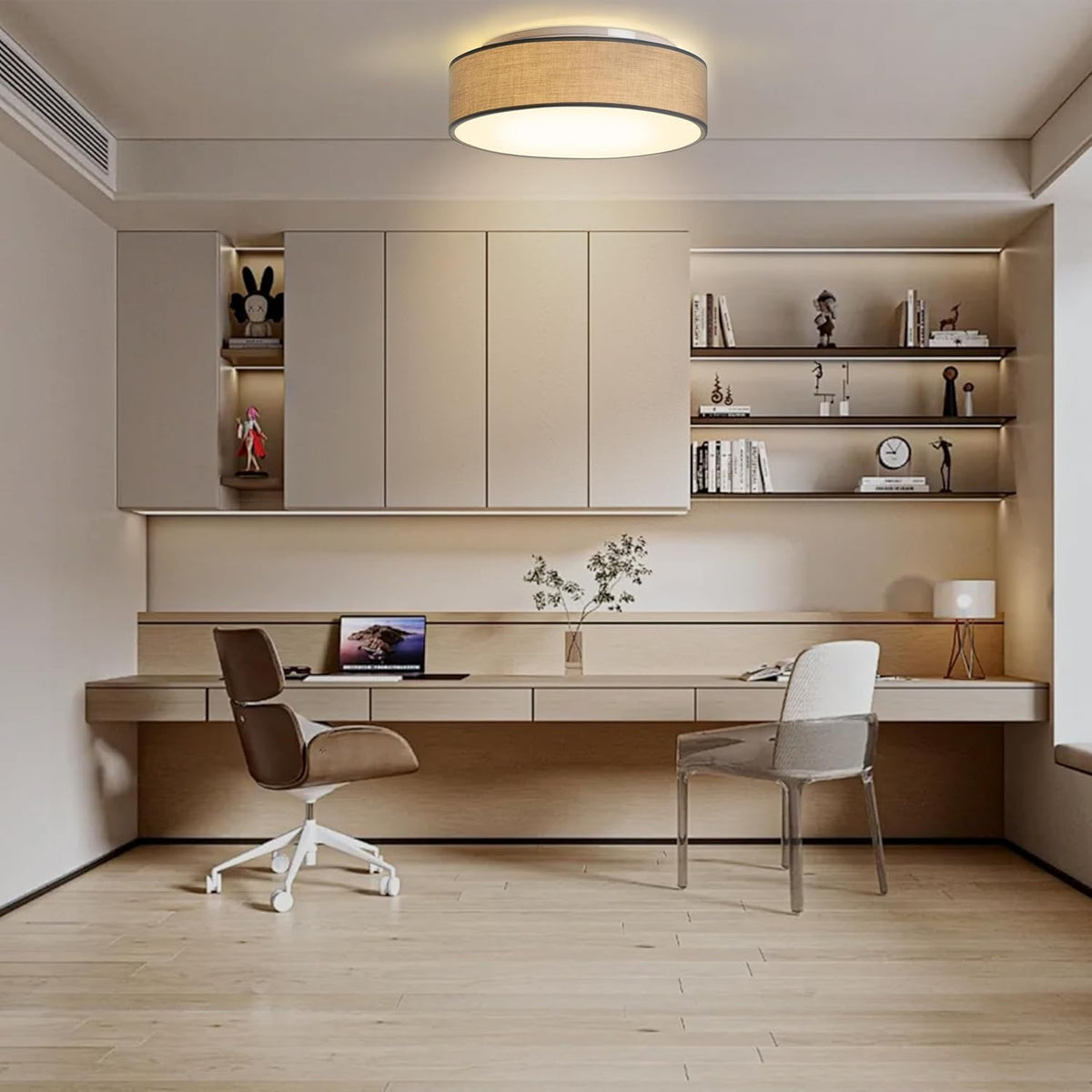 Plafón de Techo Redondo de Tela 38 cm, Pantalla Textil con 2 Casquillo E27 (40W máx.) Lámpara de Techo para Salón, Dormitorio, Pasillo o Habitación Infantil,Sin bombilla (Taupe, 38)