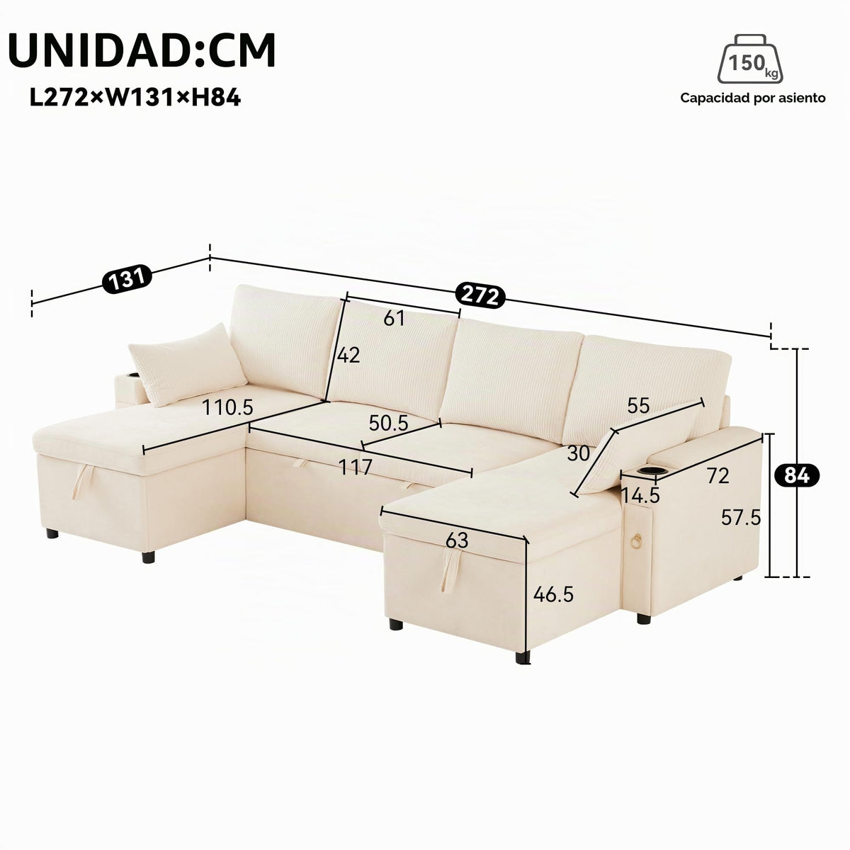 Kebnor Sofá cama de cuatro plazas en forma de U con soporte para bebidas, sofá de esquina con espacio de almacenamiento y función de descanso. Incluye soporte para bebidas y almohadas. Sofá