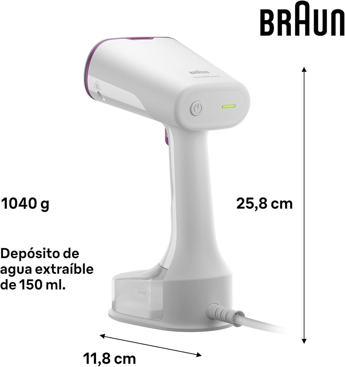 Braun QuickStyle 5 GS5011PU, Plancha Vertical con Doble Placa FreeGlide 3D, Steamer Vertical con Calentamiento Rápido, Vapor 22 g/min, Capacidad 150 ml, 1200W, Blanco/Violeta