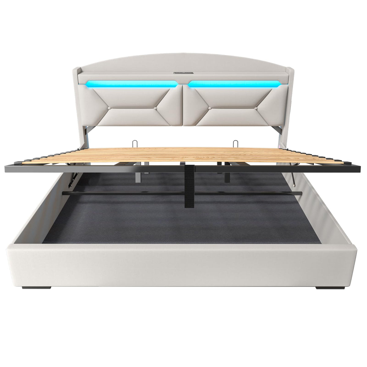 Cama 90x200 cm con Almacenamiento, Cama Individual con LED, Puertos USB y Type-C, Somier 90x200 Hidráulico, Camas Juveniles Camas Infantiles con Cabecero, Lino, Beige, Colchón No Incluido
