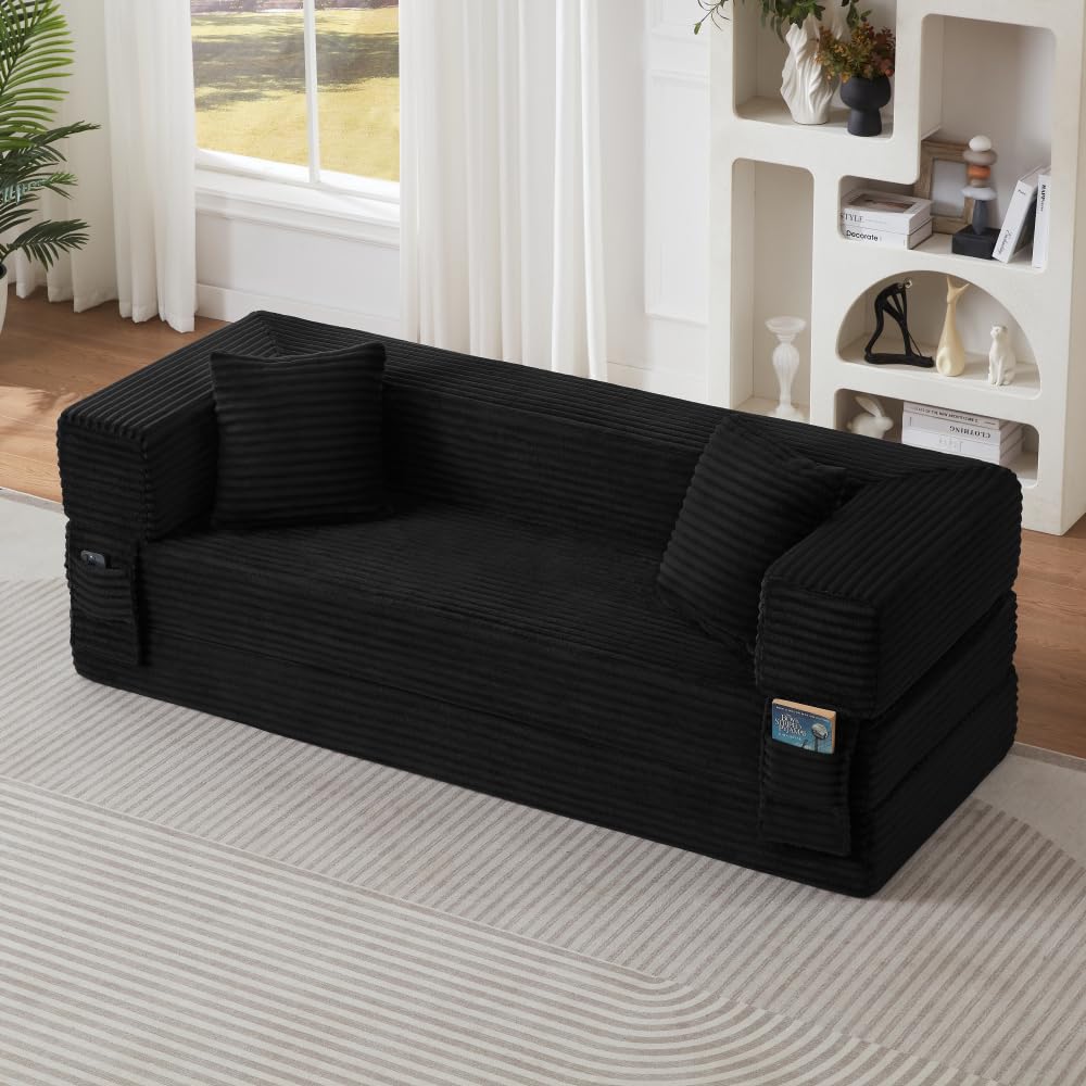 Sapgaks Sofá Convertible, Sofá Cama, Sofá 2 Plazas sin Marco, Sofá Plegable de Compresión, Diseño Cuadrado Clásico, No requiere Montaje (Verde-1)