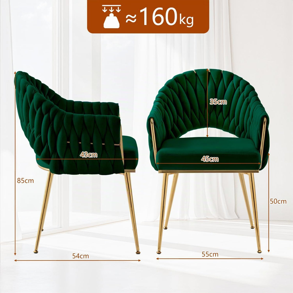 Juego de 4 sillas de comedor de terciopelo, sillones de salón, sillas de comedor con reposabrazos, sillas de cocina con respaldo alto trenzado a mano, silla de tocador con patas doradas