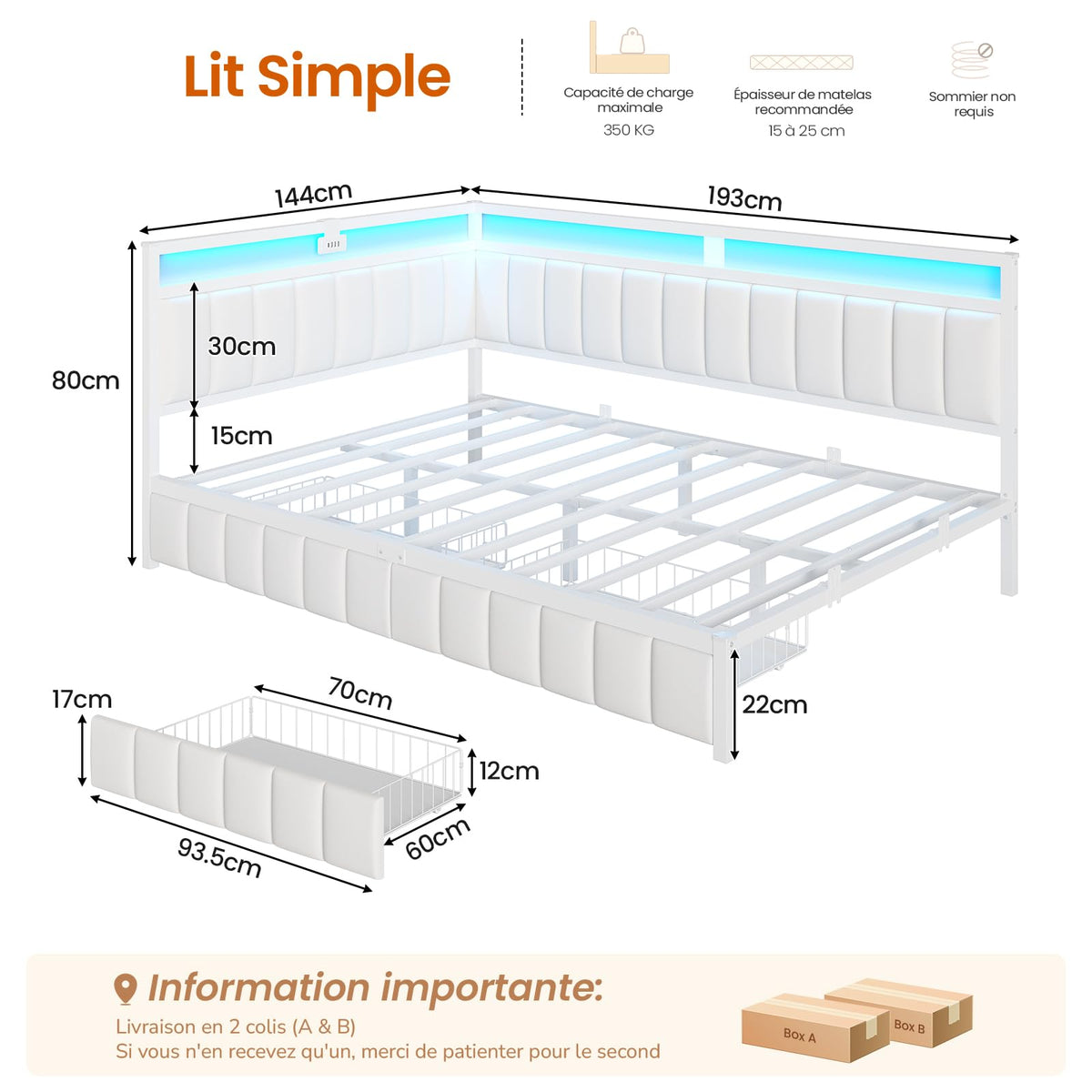DICTAC Cama Tapizada Sofá Cama 90 x 190 cm con iluminación LED y Toma USB,Camas Juvenil con 2 cajones de Almacenamiento, Estructura de Cama de 90x190 con somier de láminas de Metal, Gris Oscuro