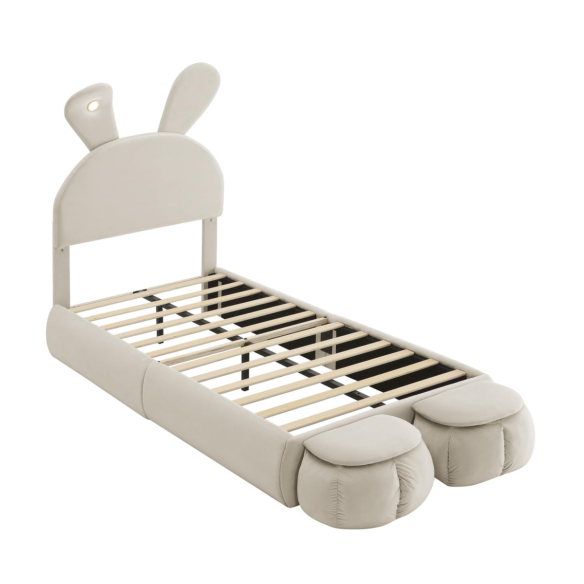 Soweiz Cama tapizada, cama individual, con orejas de conejo y tiras de luz de color cálido con brillo ajustable, con dos cajones de almacenamiento, cama infantil con somier de madera, terciopelo