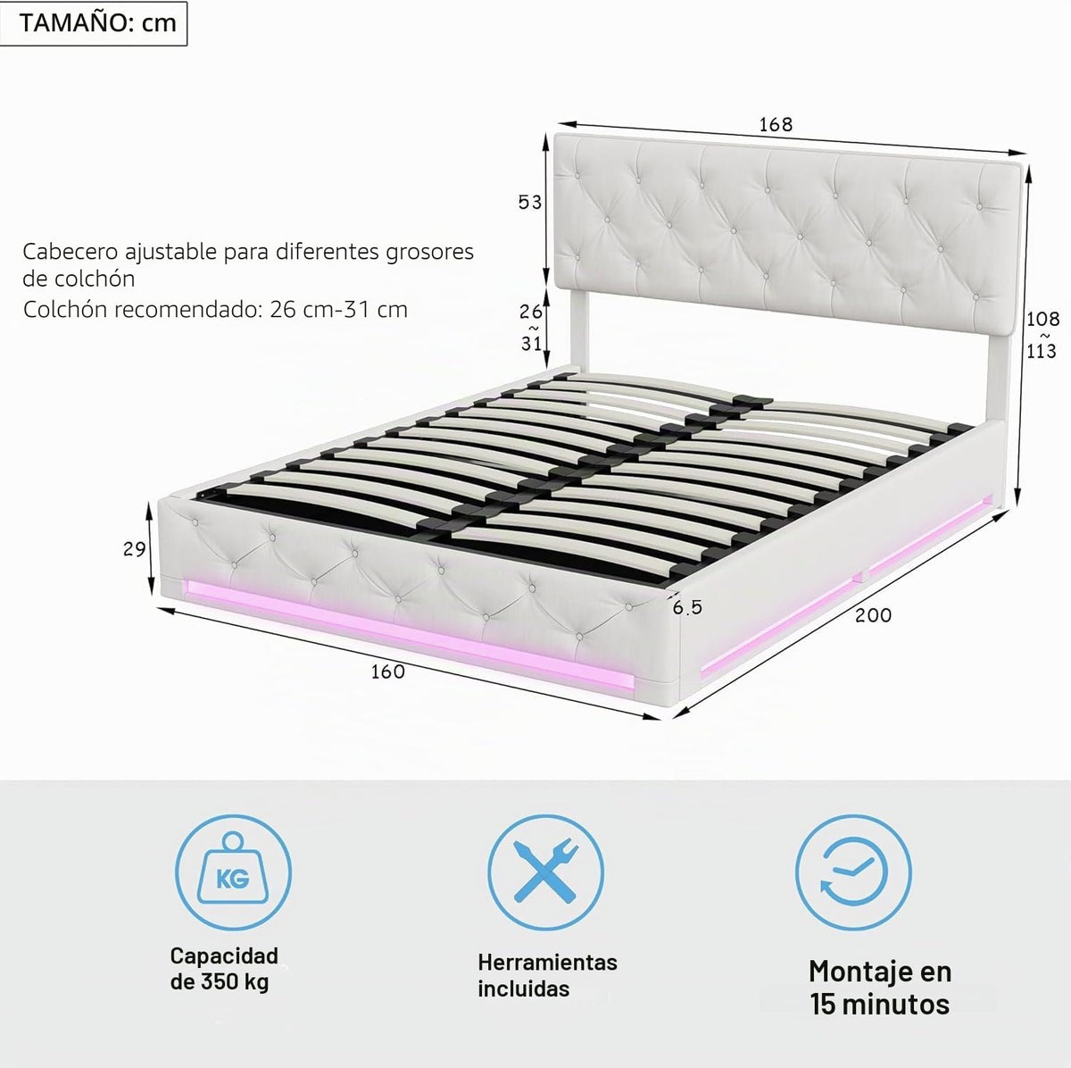 BRILVERDE Cama Tapizada 160x200 con Almacenamiento hidráulico, Cama matrimonial con lámpara de mesita, Cabecero Acolchado y Base de Láminas, Terciopelo (Beige, 160 x 200 cm)