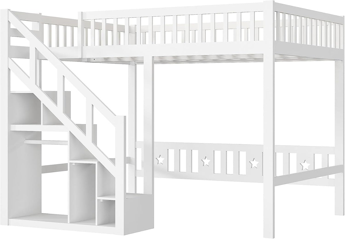 Cama alta, cama infantil, marco de cama con escalera, diseño de valla alta, almacenamiento, somier de láminas y zona de suspensión abierta, para niños y adolescentes, blanco (90x200 cm)