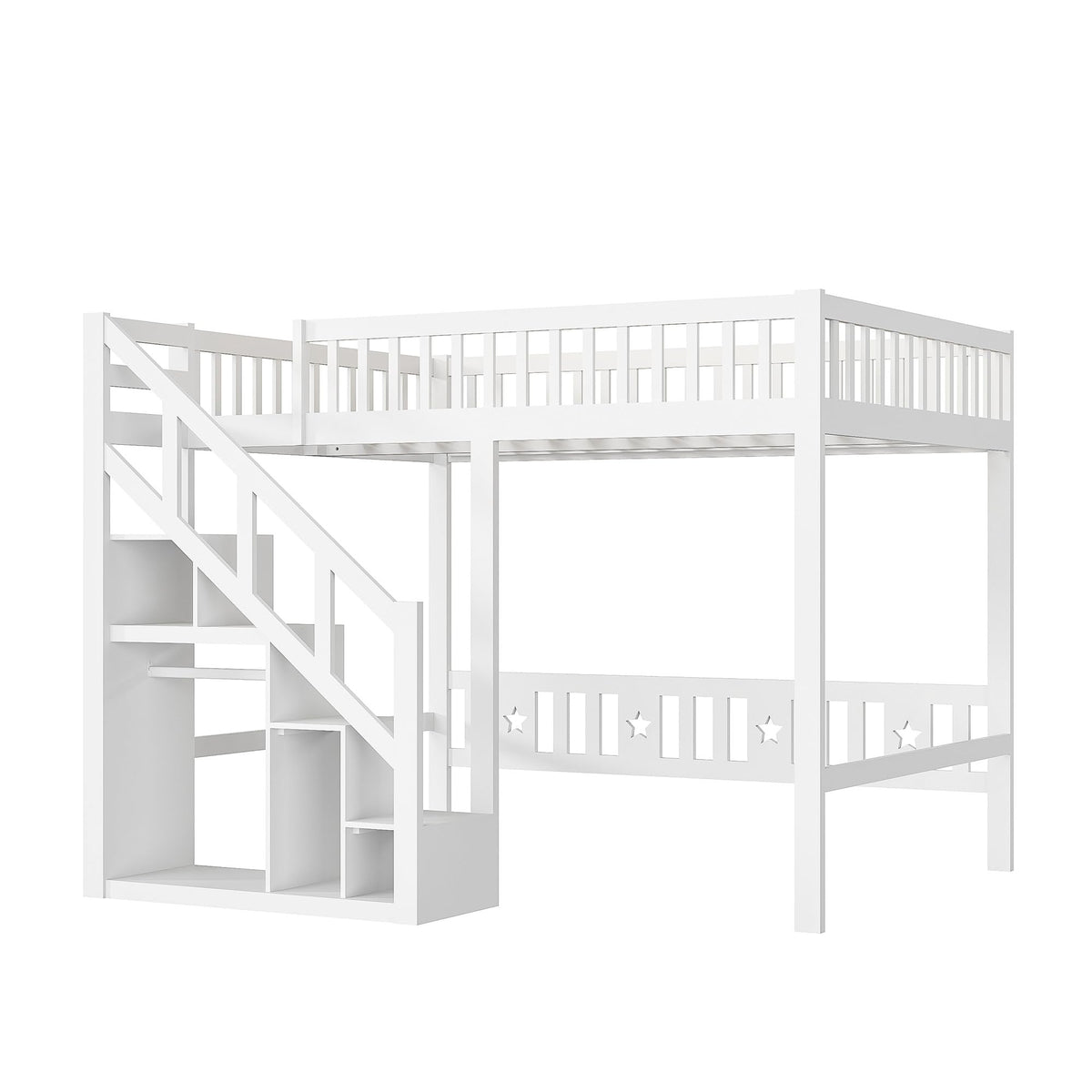 Cama alta, cama infantil, marco de cama con escalera, diseño de valla alta, almacenamiento, somier de láminas y zona de suspensión abierta, para niños y adolescentes, blanco (90x200 cm)