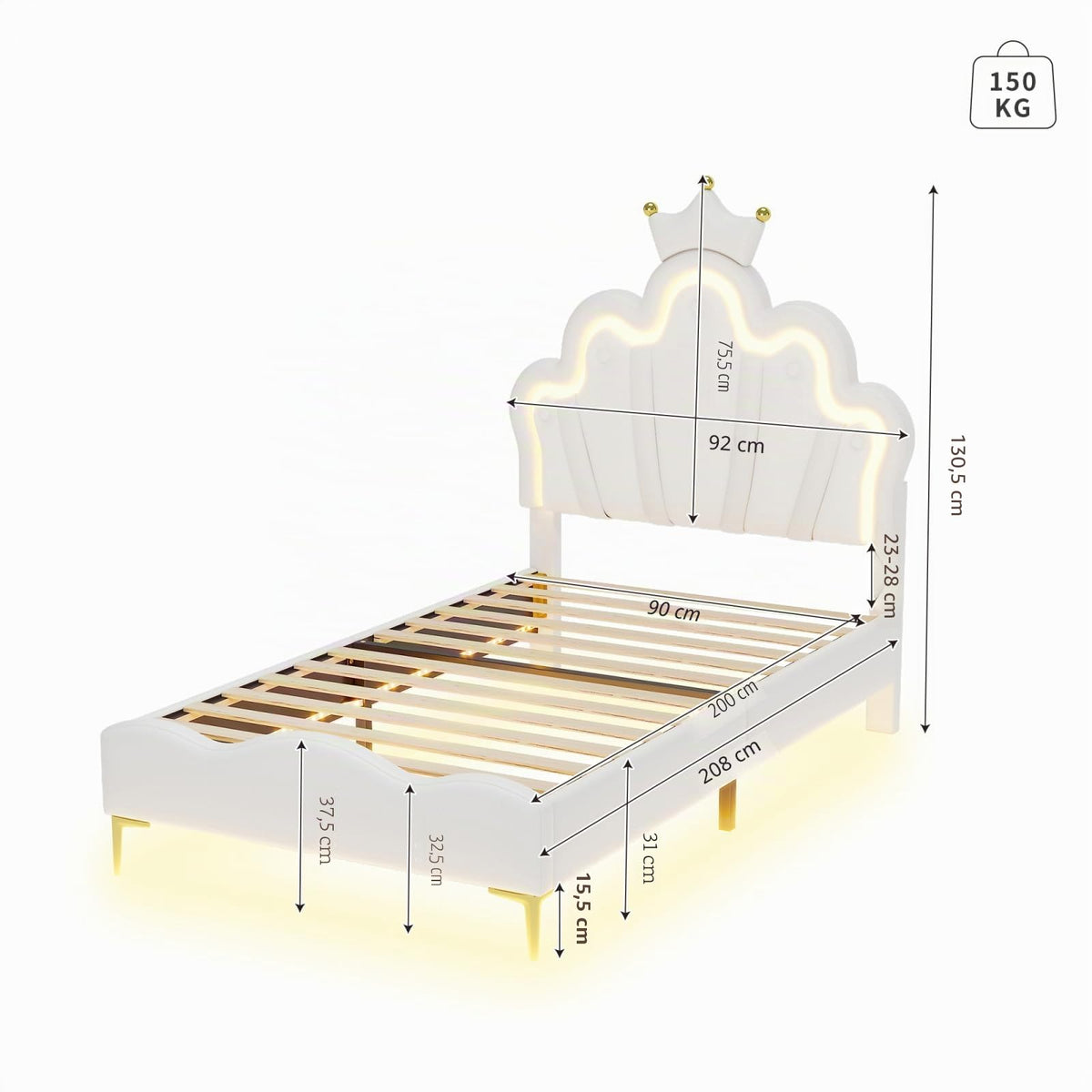 LIVLUX Cama Tapizada 90 x 200 cm, Cama Princesa con Cabezal LED Ajustable y Somier de Lamillas, Cama para Niña, Diseño en Forma de Corona para Niños y Adolescentes (Rosa, 90 x 200 cm)