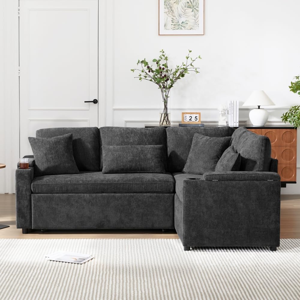 Sofá esquinero extensible en forma de L con puerto USB y portavasos, sofá cama de 4 plazas con función cama, sofá convertible con espacio de almacenamiento y reposabrazos, cojines, chenilla