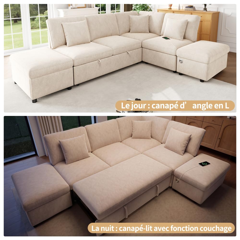 Sapgaks Sofá de esquina convertible de 6 plazas con USB, sofá convertible de 6 plazas, sofá de 6 plazas, en chenilla, con apoyabrazos en forma de librería, puf extraíble para configuraciones en L y en