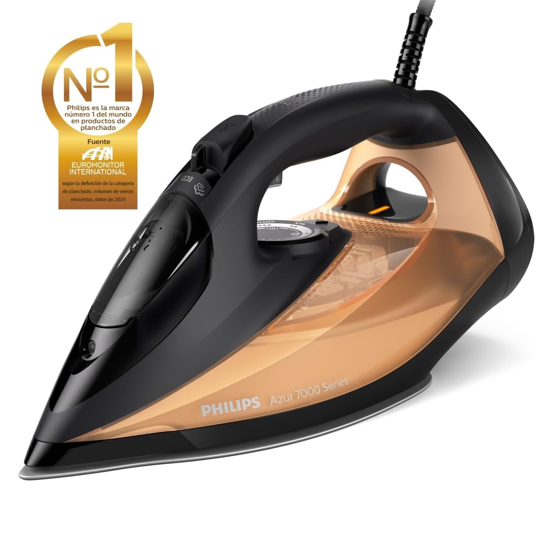 Philips Azur Series 7000 Plancha de vapor - 2800 W, 50 g/min de vapor continuo, 250g de golpe de vapor, vapor vertical, suela SteamGlide Plus, Louros/Algodón Azul (DST7020/20)
