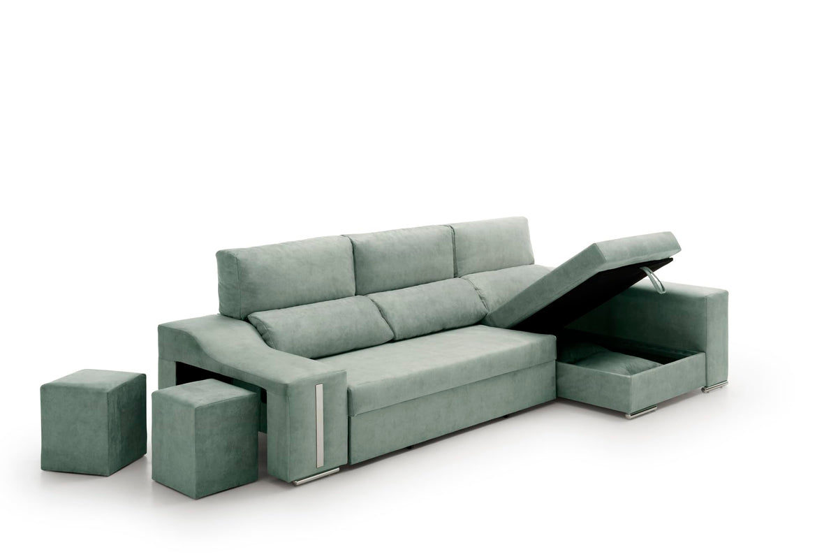 Sofa Chaise Longue Cama con Arcón y Puff Giuliana Agua Marina Izquierda