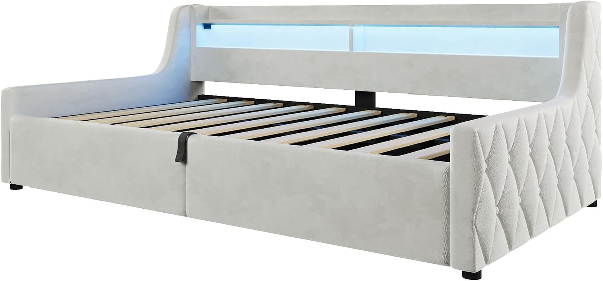 Cama con plataforma de terciopelo 90 x 200 cm, con espacio de almacenamiento hidráulico e iluminación LED (color crema, 90 x 200 cm)
